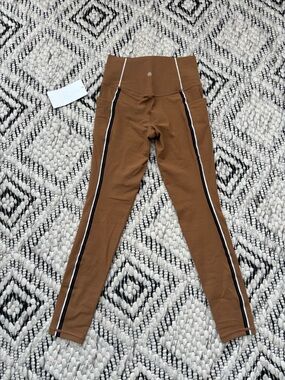 Athleta Tan Yoga Pilates Activewear Leggings with Black and White Stripe